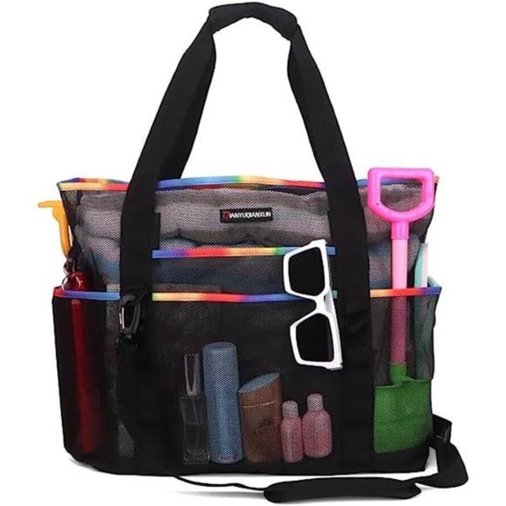 Mesh Beach Bag 40L with 9 Pockets Pool Vacation Travel Picnic Black and Colorful
